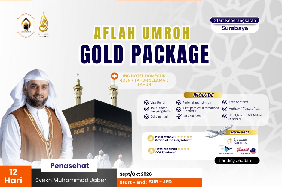 AFLAH UMRAH GOLD 12 HARI START SURABAYA + INC HOTEL DOMESTIK 4H3M/TAHUN SELAMA 3 TAHUN